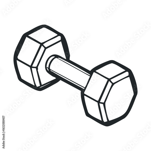 Monochrome illustration of dumbbell with hexagonal design for fitness and strength training