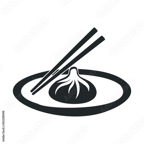 Black and white illustration of dumpling with chopsticks on plate