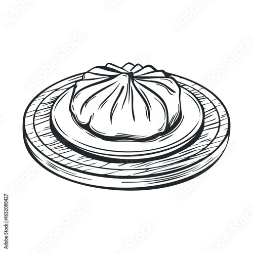 Hand-drawn dumpling on wooden plate