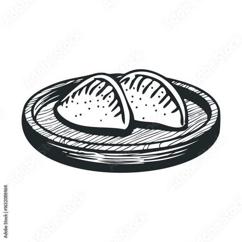Black and white sketch of dumplings on wooden plate