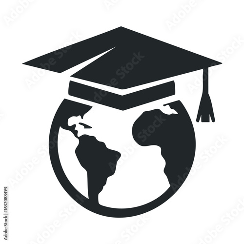 Global education icon: earth with graduation cap