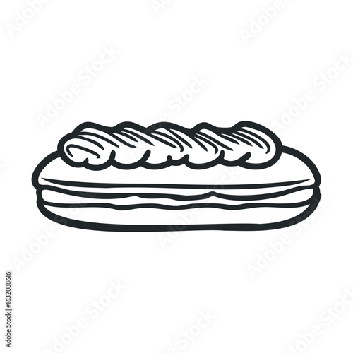 Hand-drawn eclair illustration with cream topping in black and white