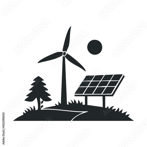 Renewable energy conservation: wind turbine and solar panel illustration