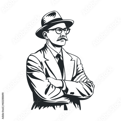 Black and white illustration of mature caucasian male with hat and mustache