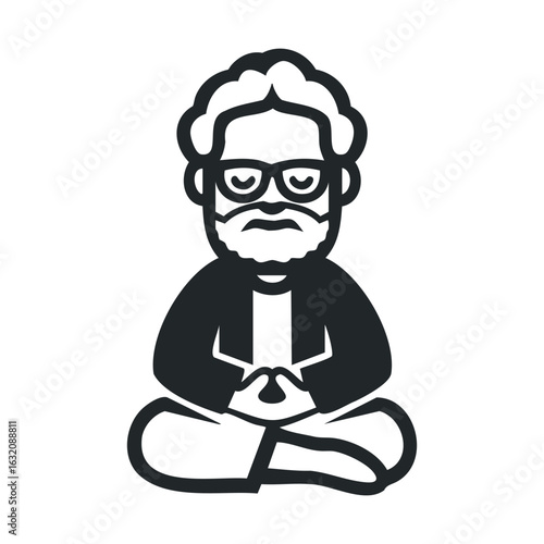 Cartoon illustration of a bearded man meditating with glasses