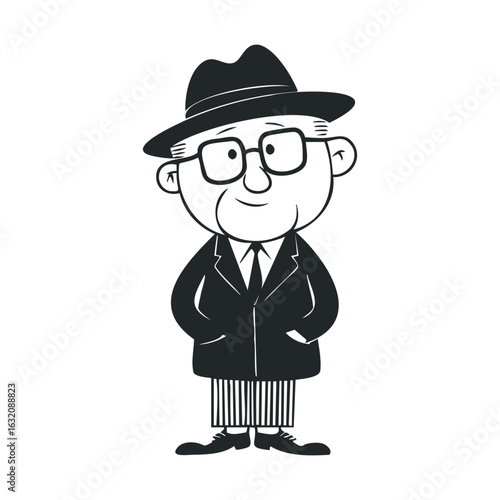Cartoon illustration of elderly caucasian male with glasses and hat in suit
