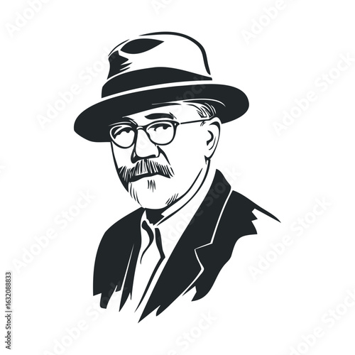 Portrait of mature caucasian male with hat and glasses in monochrome style
