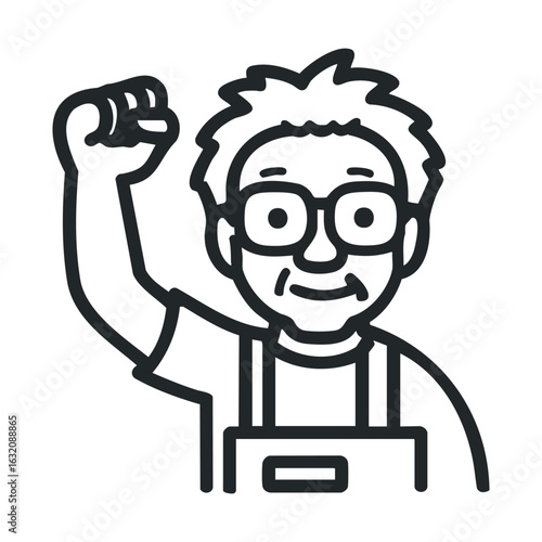 Elderly caucasian male cartoon icon with raised fist and glasses