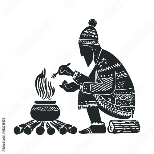 Silhouette of indigenous male preparing meal on open fire