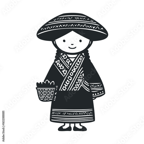 Young female child in traditional asian attire holding basket - black and white illustration