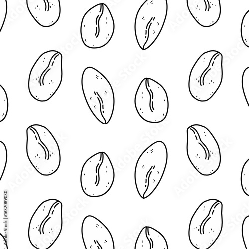 A seamless repeating pattern featuring cartoon-style roasted coffee beans in white and black color on a white background