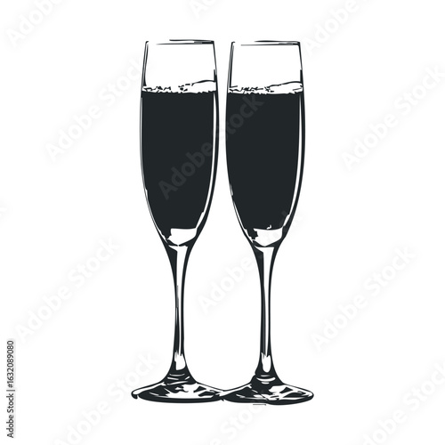 Two elegant champagne flutes with sparkling wine in black and white illustration
