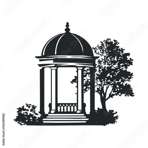 Elegant gazebo illustration with columns and trees silhouette