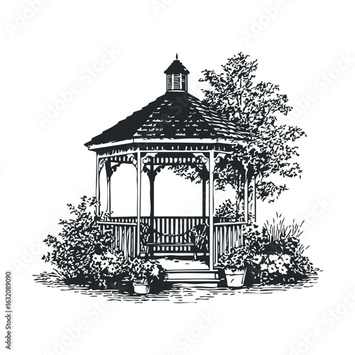 Vintage gazebo illustration with lush garden and ornamental trees