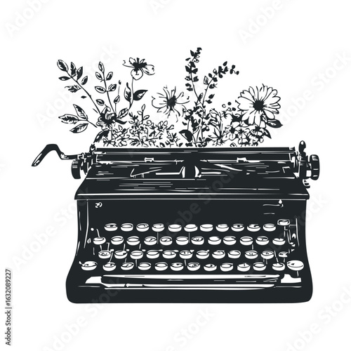 Vintage typewriter with blooming wildflowers illustration