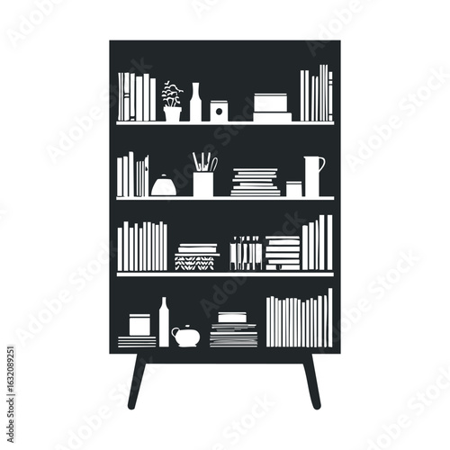 Black and white bookshelf silhouette with books, plants, and decorative items