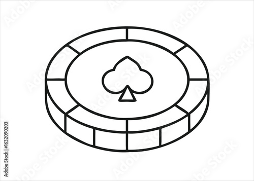 A classic casino gambling poker chip with a bold black outline and central marking isolated on white background