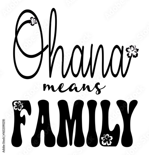 Ohana means Family in elegant black script, adorned with hibiscus flowers in an engraved style. Perfect for cards, parties, prints, sublimation, and craft cutting projects
