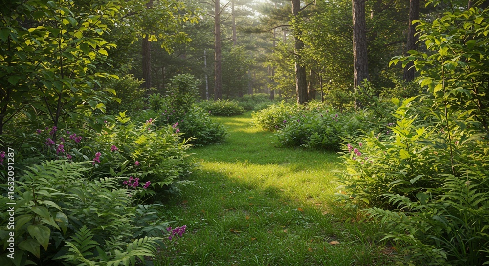 Obraz premium Sunlit Path Through Lush Green Forest with Purple Flowers and Tall Trees