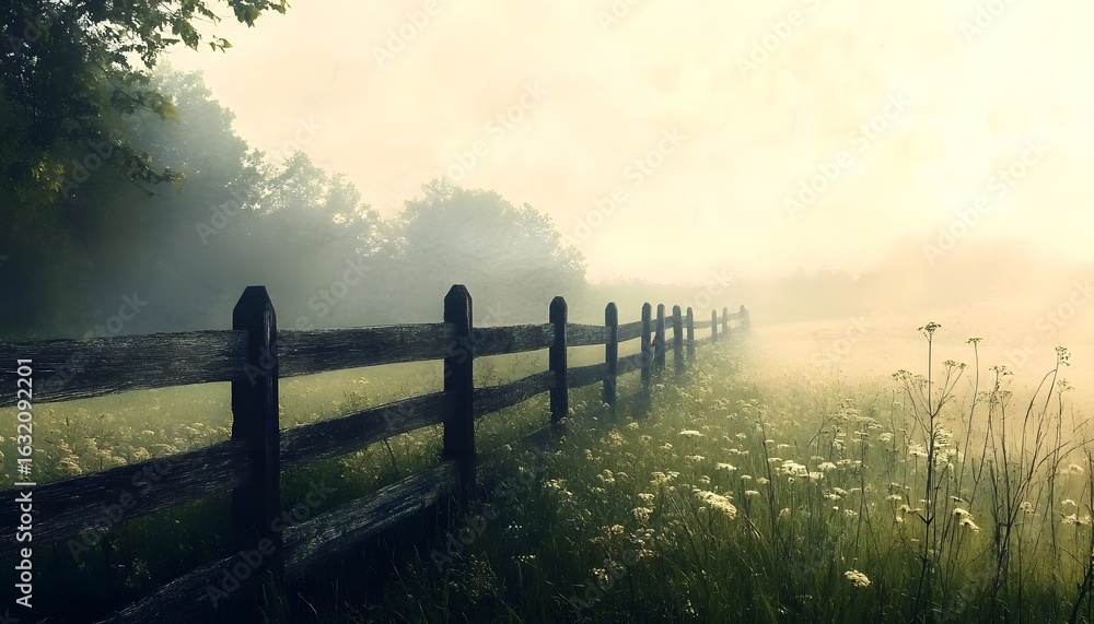 Fototapeta premium Early morning countryside scene with a fence.