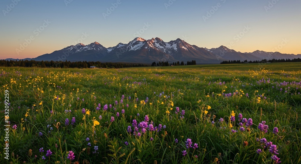 Fototapeta premium Vibrant Wildflower Meadow at Sunrise with Majestic Mountains