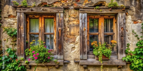 Rustic Charm Weathered Wooden Window Frames Adorned with Vibrant Blooming Flowers on an Aged Stone Wall