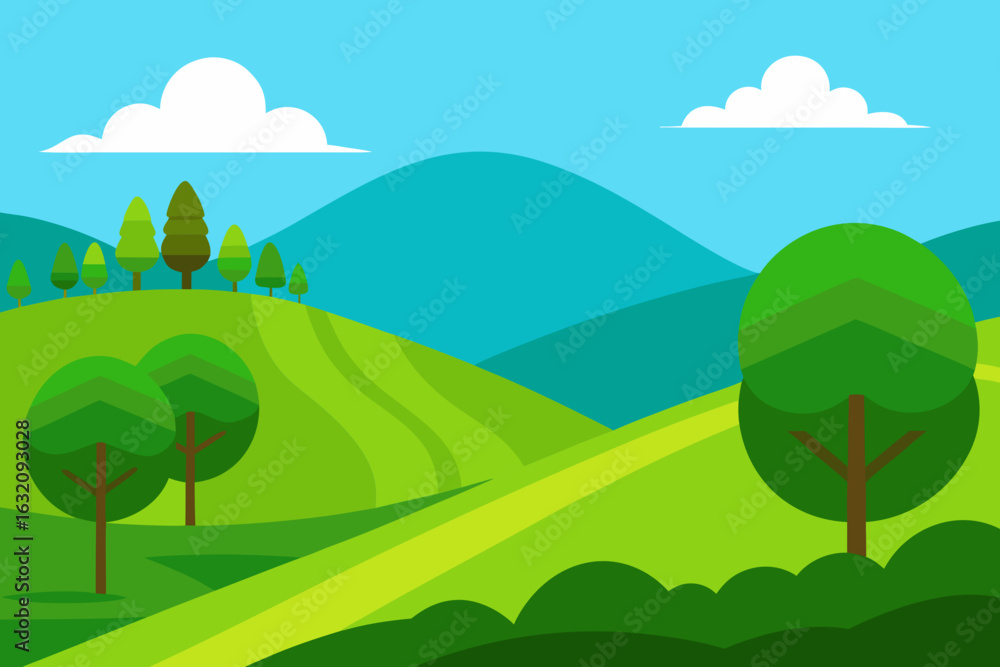 Fototapeta premium Vibrant green rolling hills and trees under a clear blue sky with clouds