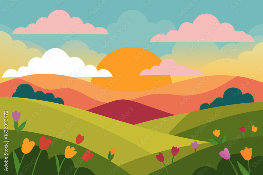 Fototapeta premium Vibrant spring landscape with rolling hills and tulips at sunrise