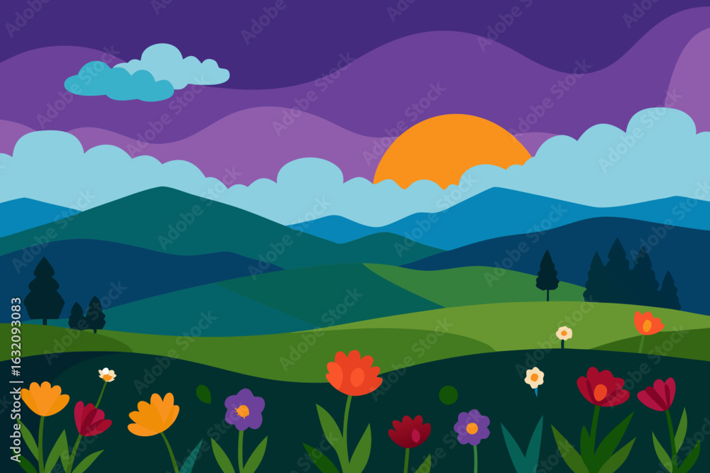 Fototapeta premium Vibrant landscape with rolling hills flowers and sunset sky