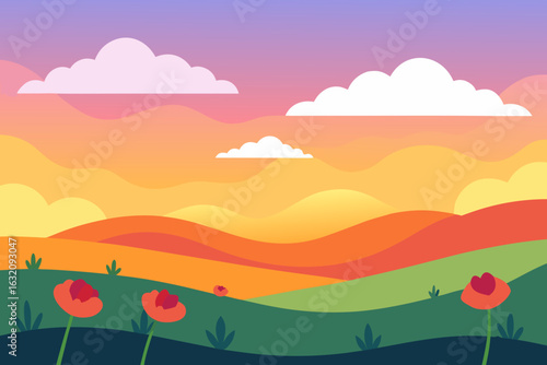 Stylized landscape with rolling hills and poppies at sunset