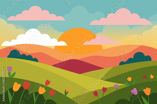 Vibrant spring landscape with rolling hills and tulips at sunrise