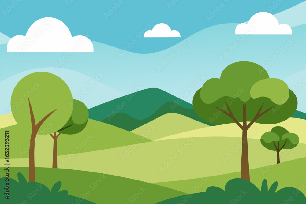 Fototapeta premium Cartoon landscape with rolling green hills trees and clouds