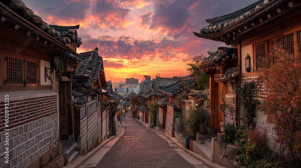 Obraz premium Traditional hanok houses in Bukchon village during sunset