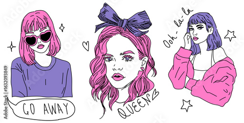 Trendy vector illustration in pop-art, hand-drawn style. Features three fashionable young women with pink, purple, and blue tones, expressive faces, bold lines. Feminine and sassy vibe.