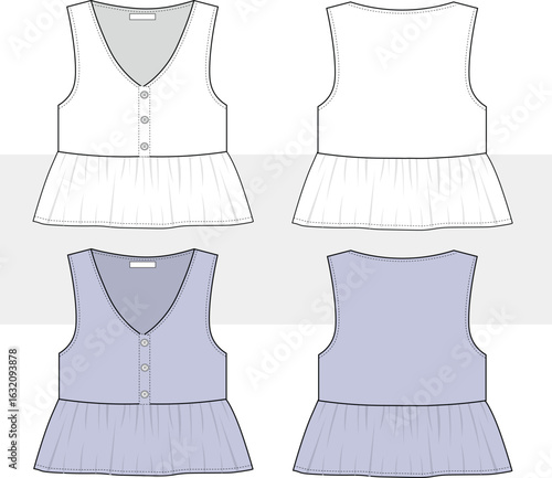 Teen and kid girls  cute top, peplum and button detail, sleeveless  fashion technical drawing, illustration. Front and back view, CAD, Mockup set.