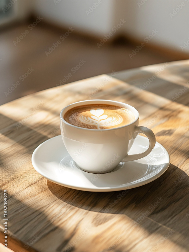 Obraz premium White mug coffee hot drink rich caffeine on wooden table creamy foam form delicate art.