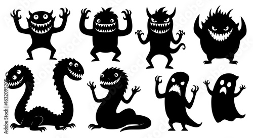 A Spooky Collection of Silhouetted Monsters and Ghouls Featuring a Diverse Array of Frightening Creatures Perfect for Halloween Decorations and Designs