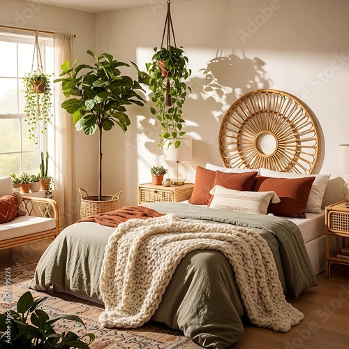 Boho Bedroom Oasis: Relaxing Green & Rattan Interior Design