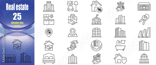 Real estate line icons, property investment and mortgage vector set