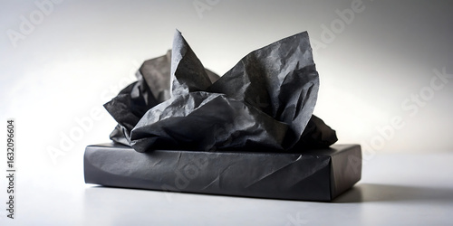 A minimalist composition featuring crumpled black tissue paper emerging from a black gift box, set against a clean white background with subtle lighting