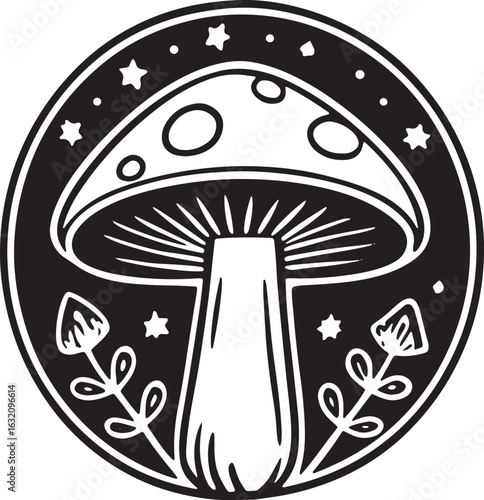 Whimsical Mushroom with Stars and Flowers Circle Design