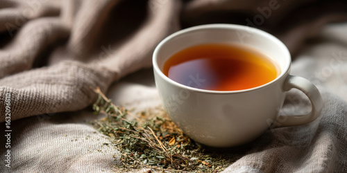 Cup of herbal tea with dried herbs on linen cloth creating warm and cozy atmosphere in natural light