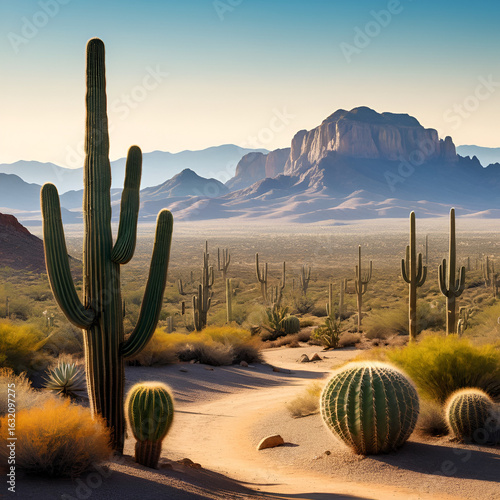 A graphic of a wild west desert landscape with a cactus and mountains in the background