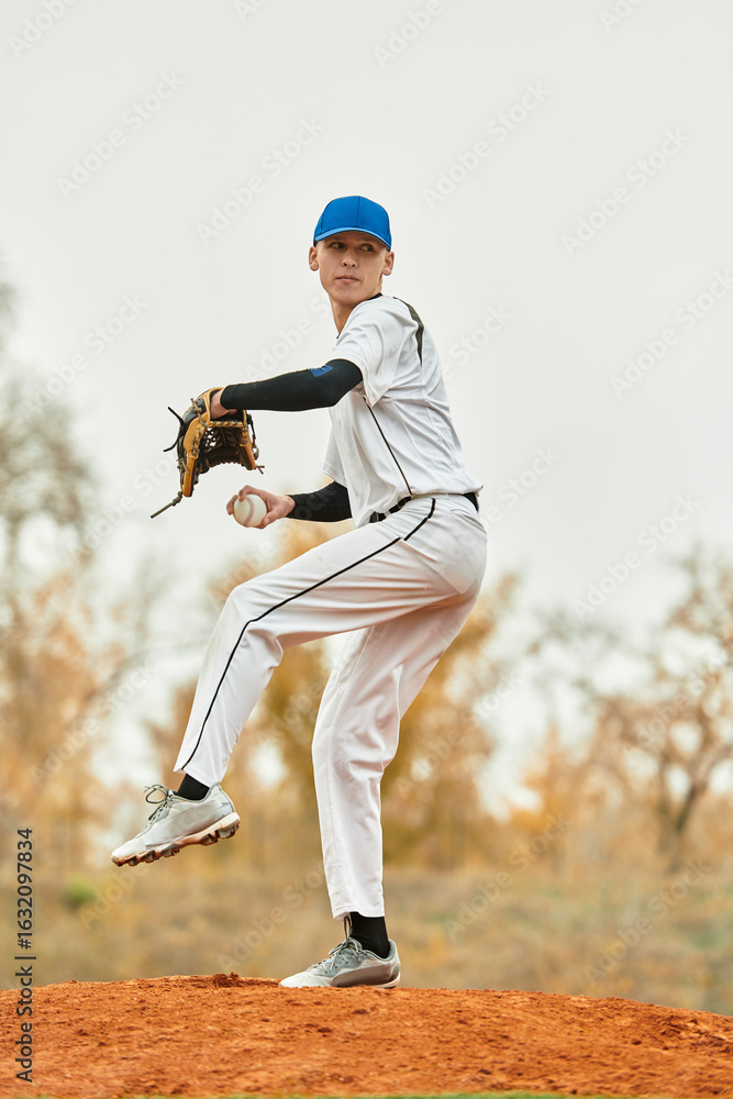 Obraz premium Teenage boy shows off pitching skills during baseball practice