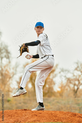 Photography Teenage boy shows off pitching skills during baseball practice