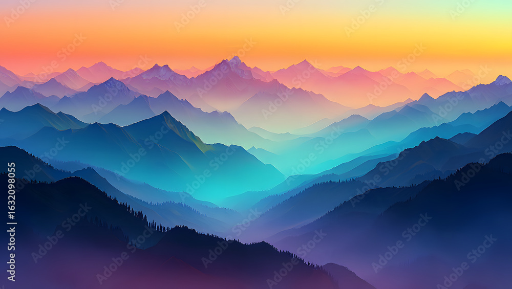 Obraz premium Morning sunlight illuminates a serene mountain landscape, as mist drifts through the valley below