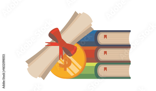 Stack of books tied with ribbon and a coin symbolizing education cost