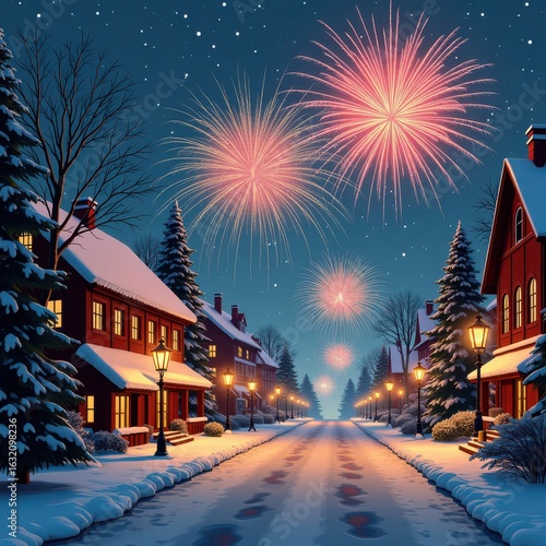 Festive fireworks on the city street in winter