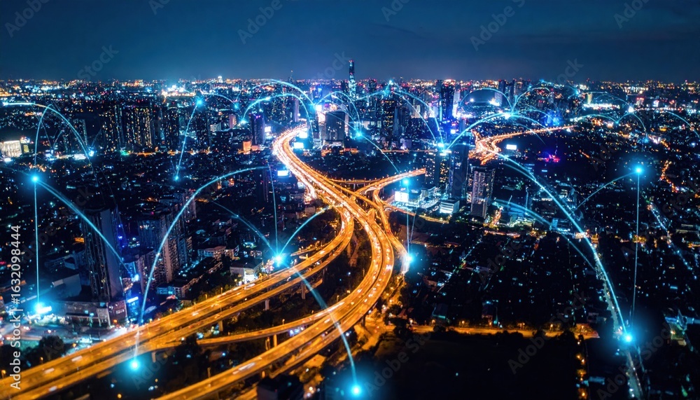 Fototapeta premium Smart City at Night with Global Network Connections