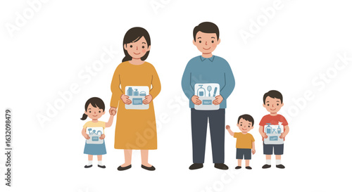 Family Vector Illustration with Parents and Children Holding Product Advertisements in Cartoon Style
